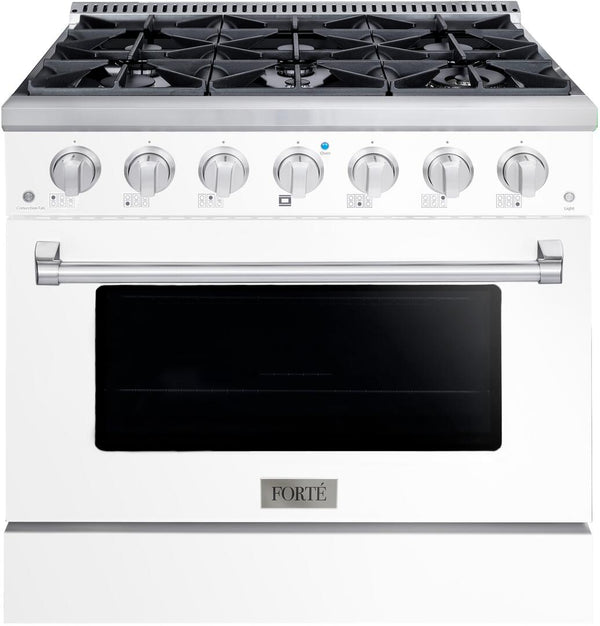 Forte 36" Freestanding All Gas Range - 6 Sealed Italian Made Burners, 4.5 cu. ft. Oven, Easy Glide Oven Racks - in Stainless Steel with White Door and Stainless Steel Knob (FGR366BWW)