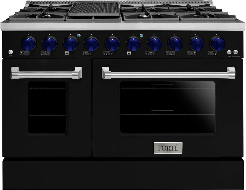 Forte 48" Freestanding All Gas Range - 8 Sealed Italian Made Burners, 5.53 cu. ft. Oven & Griddle - in Stainless Steel with Black Door and Blue Knob (FGR488BBB31)