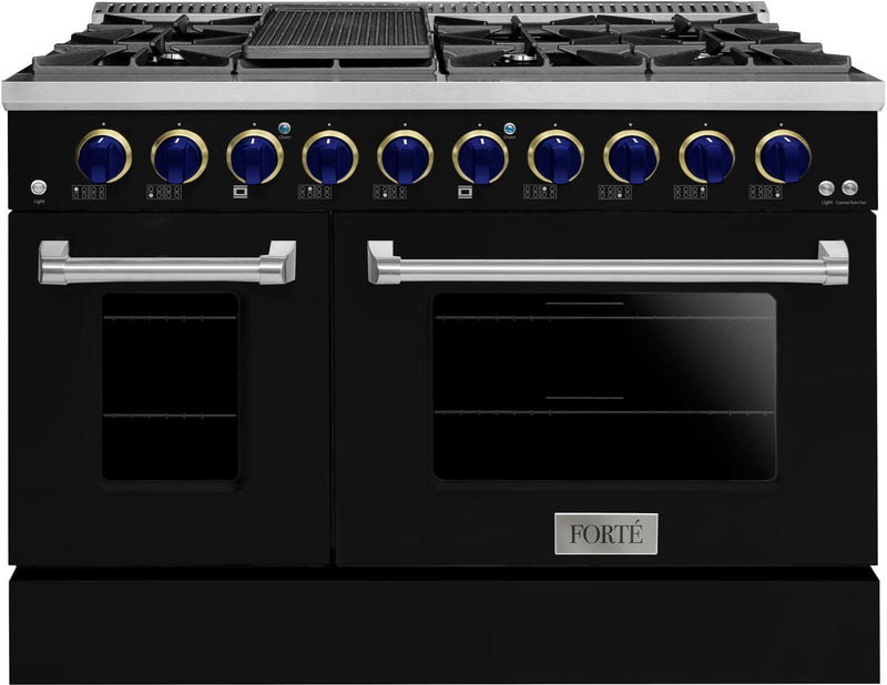 Forte 48" Freestanding All Gas Range - 8 Sealed Italian Made Burners, 5.53 cu. ft. Oven & Griddle - in Stainless Steel with Black Door and Blue Knob (FGR488BBB31)