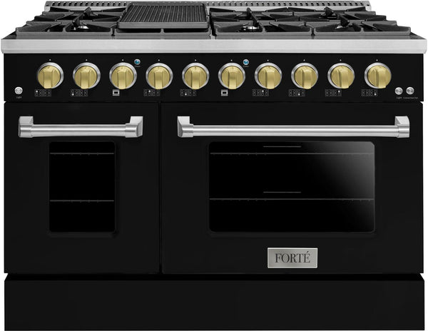 Forte 48" Freestanding All Gas Range - 8 Sealed Italian Made Burners, 5.53 cu. ft. Oven & Griddle - in Stainless Steel with Black Door and Brass Knob (FGR488BBB41)