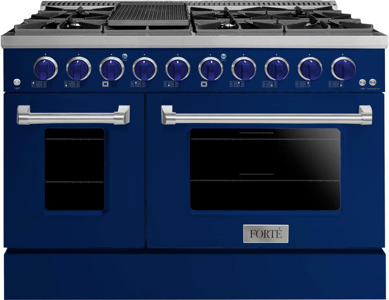 Forte 48" Freestanding All Gas Range - 8 Sealed Italian Made Burners, 5.53 cu. ft. Oven & Griddle - in Stainless Steel with Blue Door and Blue Knob (FGR488BBL31)