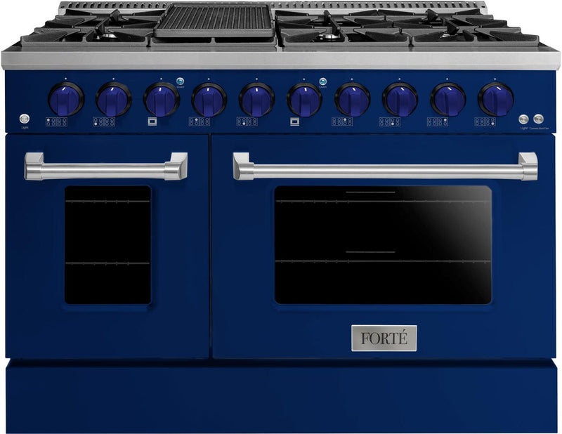 Forte 48" Freestanding All Gas Range - 8 Sealed Italian Made Burners, 5.53 cu. ft. Oven & Griddle - in Stainless Steel with Blue Door and Blue Knob (FGR488BBL31)