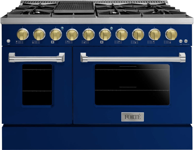 Forte 48" Freestanding All Gas Range - 8 Sealed Italian Made Burners, 5.53 cu. ft. Oven & Griddle - in Stainless Steel with Blue Door and Brass Knob (FGR488BBL41)