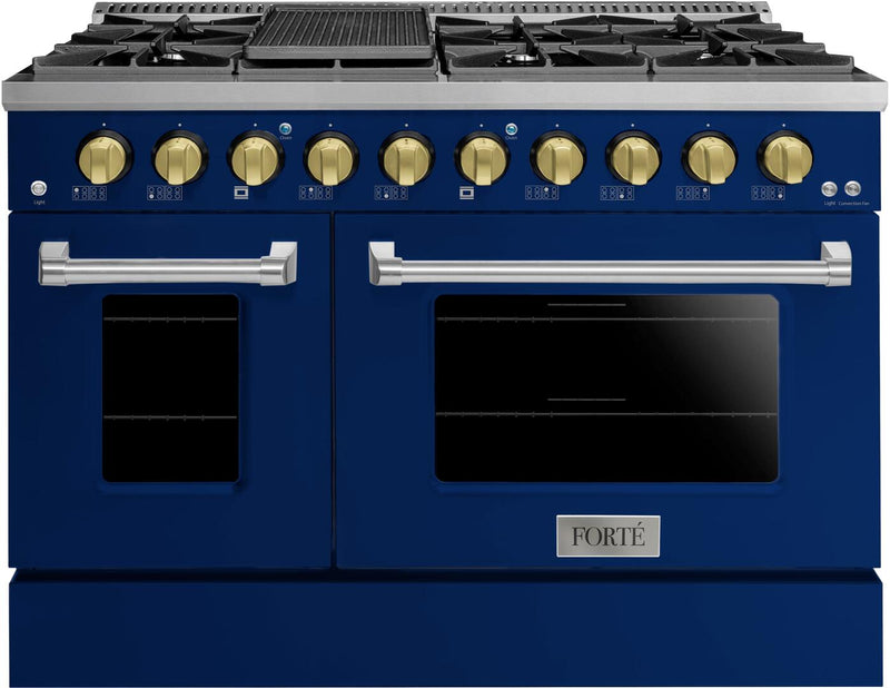 Forte 48" Freestanding All Gas Range - 8 Sealed Italian Made Burners, 5.53 cu. ft. Oven & Griddle - in Stainless Steel with Blue Door and Brass Knob (FGR488BBL41)