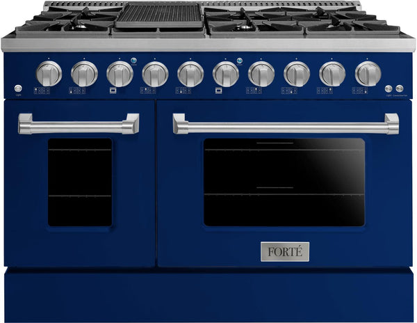 Forte 48" Freestanding All Gas Range - 8 Sealed Italian Made Burners, 5.53 cu. ft. Oven & Griddle - in Stainless Steel with Blue Door and Stainless Steel Knob (FGR488BBL)