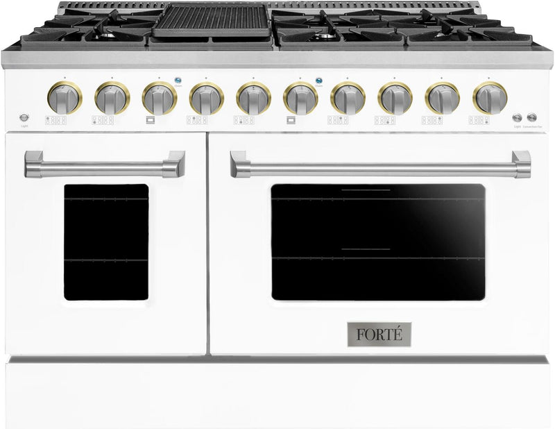 Forte 48" Freestanding All Gas Range - 8 Sealed Italian Made Burners, 5.53 cu. ft. Oven & Griddle - in Stainless Steel With White Door And Stainless Steel Knob (FGR488BWW)