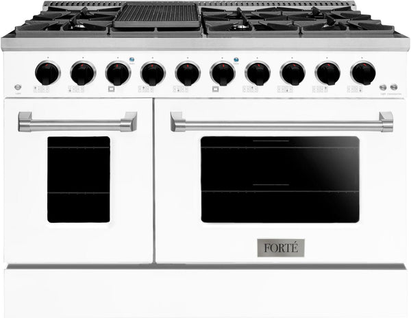 Forte 48" Freestanding All Gas Range - 8 Sealed Italian Made Burners, 5.53 cu. ft. Oven & Griddle - in Stainless Steel with White Door and Black Knob (FGR488BWW21)