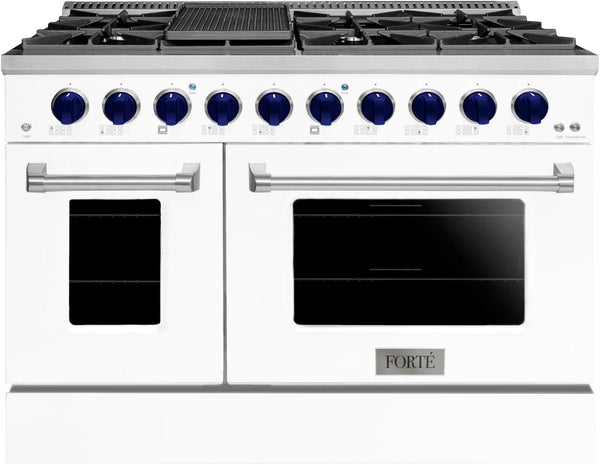 Forte 48" Freestanding All Gas Range - 8 Sealed Italian Made Burners, 5.53 cu. ft. Oven & Griddle - in Stainless Steel with White Door and Blue Knob (FGR488BWW31)