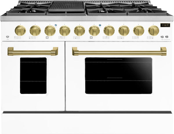 Forte 48" Freestanding All Gas Range - 8 Sealed Italian Made Burners, 5.53 cu. ft. Oven & Griddle - in Stainless Steel with White Door and Brass Trim (FGR488BWWBR)