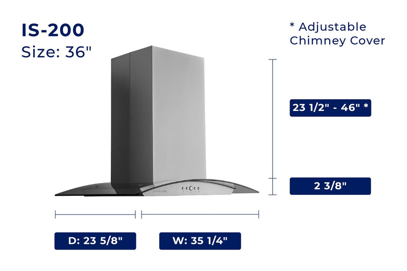 Hauslane 36-Inch Island Range Hood with Tempered Glass in Stainless Steel (IS-200SS-36)