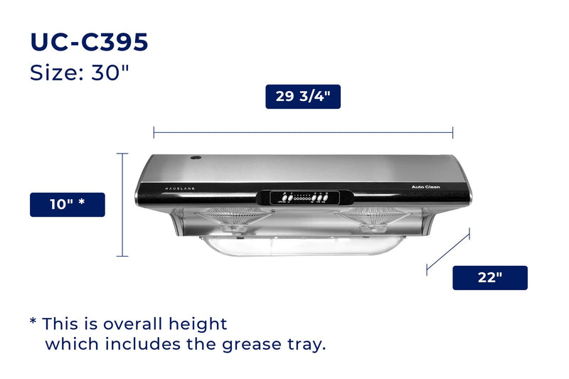 Hauslane 30-Inch Under Cabinet Self-Clean Range Hood with Grease Catchers and Black Trim in Stainless Steel (UC-C395SS-30)