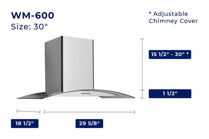 Hauslane 30-Inch Wall Mount Range Hood with Tempered Glass and Stainless Steel (WM-600SS-30)