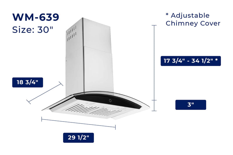 Hauslane 30-Inch Wall Mount Touch Control Range Hood with Tempered Glass in Stainless Steel (WM-639SS-30)