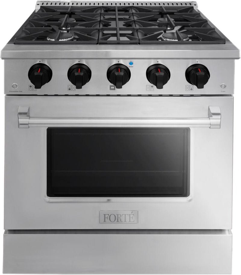 Forte 30" Freestanding All Gas Range - 4 Sealed Italian Made Burners, 3.53 cu. ft. Oven, Easy Glide Oven Racks - in Stainless Steel and Black Knob (FGR304BSS21)