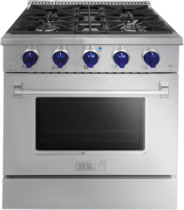 Forte 30" Freestanding All Gas Range - 4 Sealed Italian Made Burners, 3.53 cu. ft. Oven, Easy Glide Oven Racks - in Stainless Steel and Blue Knob (FGR304BSS31)