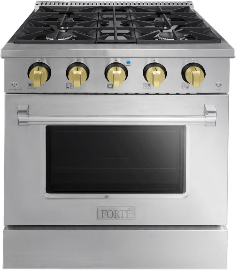 Forte 30" Freestanding All Gas Range - 4 Sealed Italian Made Burners, 3.53 cu. ft. Oven, Easy Glide Oven Racks - in Stainless Steel and Brass Knob (FGR304BSS41)