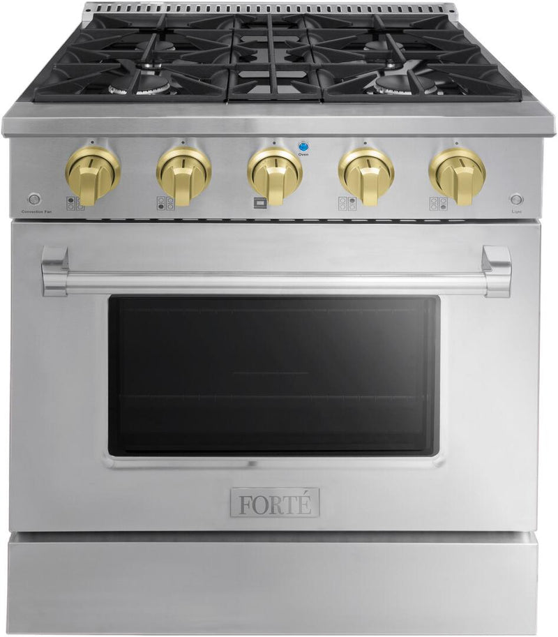 Forte 30" Freestanding All Gas Range - 4 Sealed Italian Made Burners, 3.53 cu. ft. Oven, Easy Glide Oven Racks - in Stainless Steel and Brass Knob (FGR304BSS41)