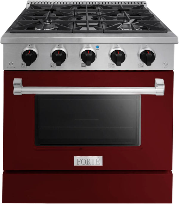 Forte 30" Freestanding All Gas Range - 4 Sealed Italian Made Burners, 3.53 cu. ft. Oven, Easy Glide Oven Racks - in Stainless Steel with Burgundy Door and Black Knob (FGR304BBG21)