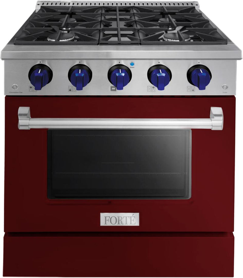 Forte 30" Freestanding All Gas Range - 4 Sealed Italian Made Burners, 3.53 cu. ft. Oven, Easy Glide Oven Racks - in Stainless Steel with Burgundy Door and Blue Knob (FGR304BBG31)