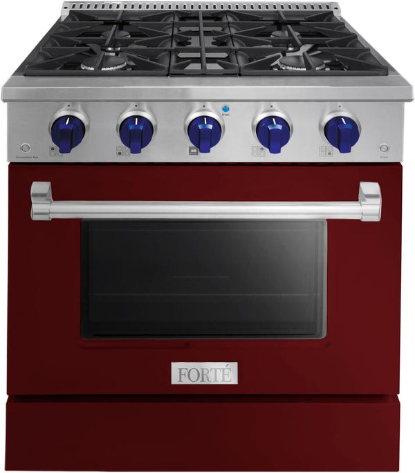 Forte 30" Freestanding All Gas Range - 4 Sealed Italian Made Burners, 3.53 cu. ft. Oven, Easy Glide Oven Racks - in Stainless Steel with Burgundy Door and Blue Knob (FGR304BBG31)