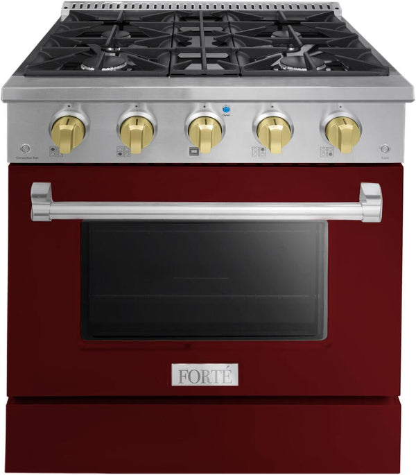 Forte 30" Freestanding All Gas Range - 4 Sealed Italian Made Burners, 3.53 cu. ft. Oven, Easy Glide Oven Racks - in Stainless Steel with Burgundy Door and Brass Knob (FGR304BBG41)