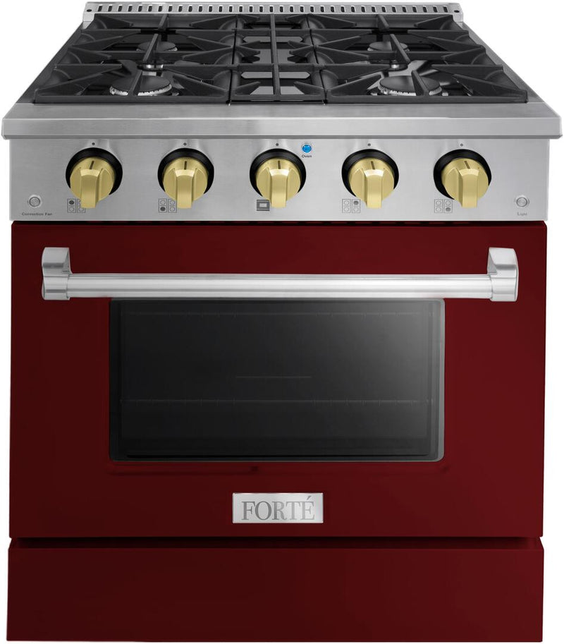 Forte 30" Freestanding All Gas Range - 4 Sealed Italian Made Burners, 3.53 cu. ft. Oven, Easy Glide Oven Racks - in Stainless Steel with Burgundy Door and Brass Knob (FGR304BBG41)