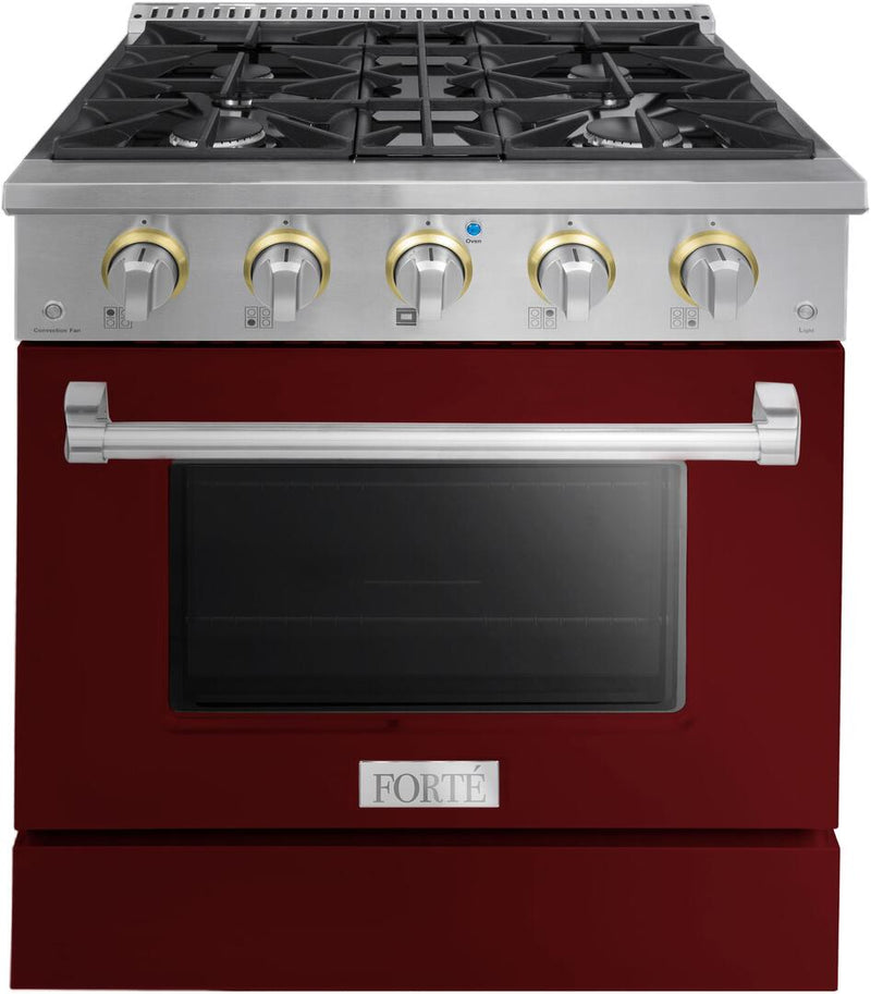 Forte 30" Freestanding All Gas Range - 4 Sealed Italian Made Burners, 3.53 cu. ft. Oven, Easy Glide Oven Racks - in Stainless Steel with Burgundy Door and Stainless Steel Knob (FGR304BBG)