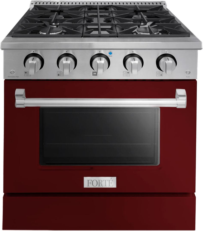 Forte 30" Freestanding All Gas Range - 4 Sealed Italian Made Burners, 3.53 cu. ft. Oven, Easy Glide Oven Racks - in Stainless Steel with Burgundy Door and Stainless Steel Knob (FGR304BBG)