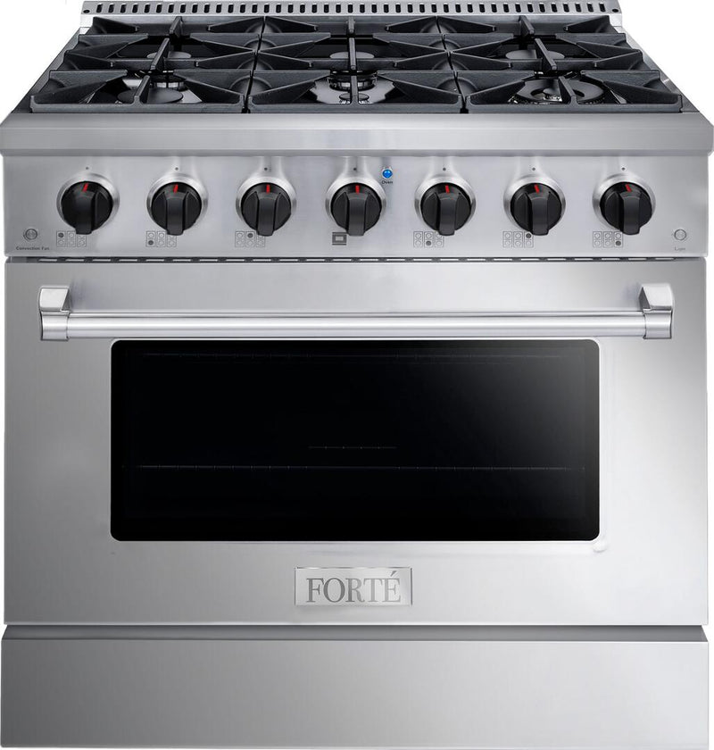 Forte 36" Freestanding All Gas Range - 6 Sealed Italian Made Burners, 4.5 cu. ft. Oven, Easy Glide Oven Racks - in Stainless Steel and Black Knob (FGR366BSS21)