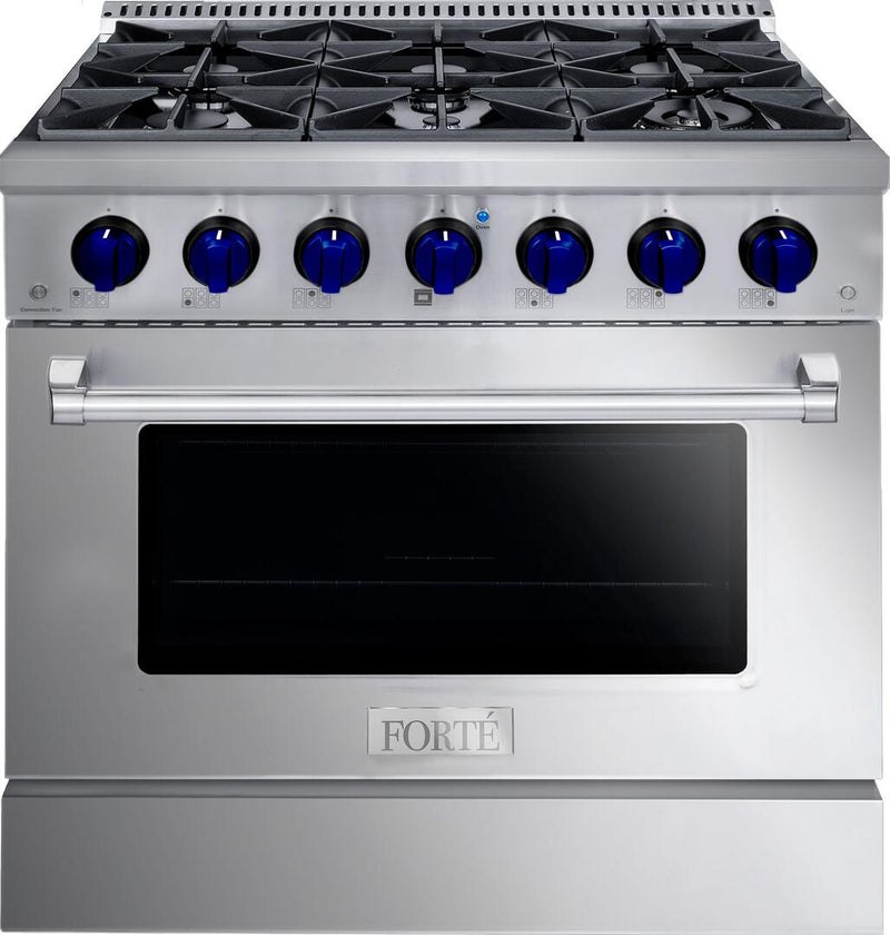 Forte 36" Freestanding All Gas Range - 6 Sealed Italian Made Burners, 4.5 cu. ft. Oven, Easy Glide Oven Racks - in Stainless Steel and Blue Knob (FGR366BSS31)