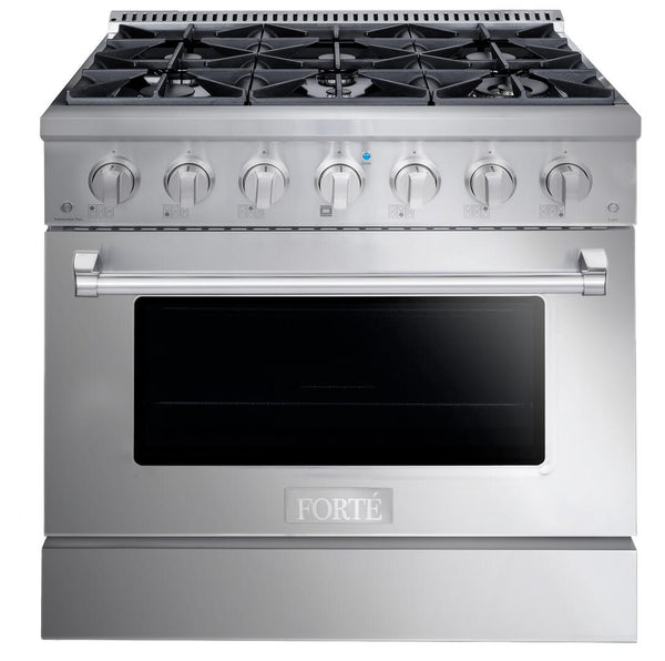 Forte 36" Freestanding All Gas Range - 6 Sealed Italian Made Burners, 4.5 cu. ft. Oven, Easy Glide Oven Racks - in Stainless Steel and Stainless Steel Knob (FGR366BSS)