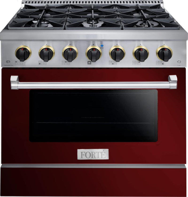 Forte 36" Freestanding All Gas Range - 6 Sealed Italian Made Burners, 4.5 cu. ft. Oven, Easy Glide Oven Racks - in Stainless Steel with Burgundy Door and Black Knob (FGR366BBG21)