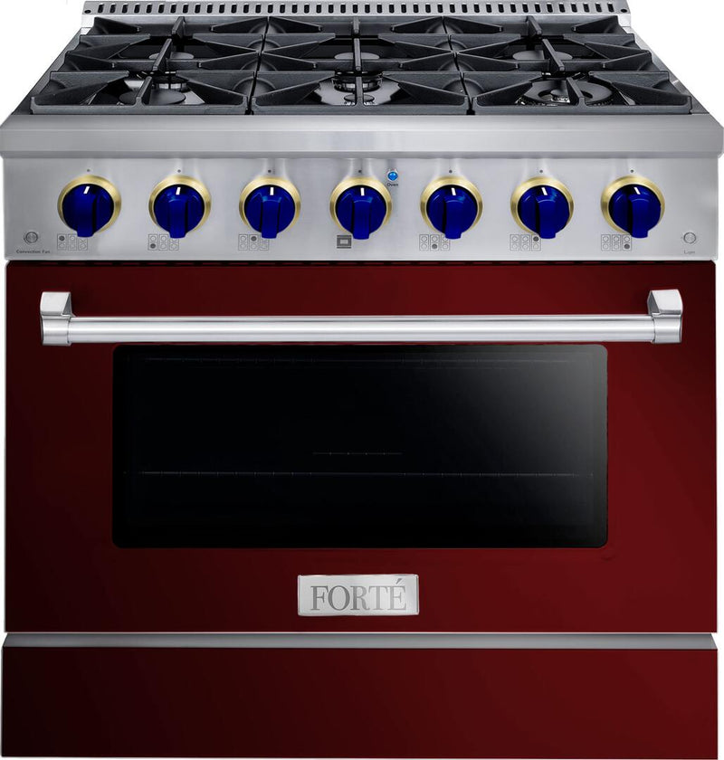 Forte 36" Freestanding All Gas Range - 6 Sealed Italian Made Burners, 4.5 cu. ft. Oven, Easy Glide Oven Racks - in Stainless Steel with Burgundy Door and Blue Knob (FGR366BBG31)