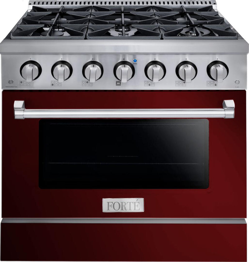 Forte 36" Freestanding All Gas Range - 6 Sealed Italian Made Burners, 4.5 cu. ft. Oven, Easy Glide Oven Racks - in Stainless Steel with Burgundy Door and Stainless Steel Knob (FGR366BBG)