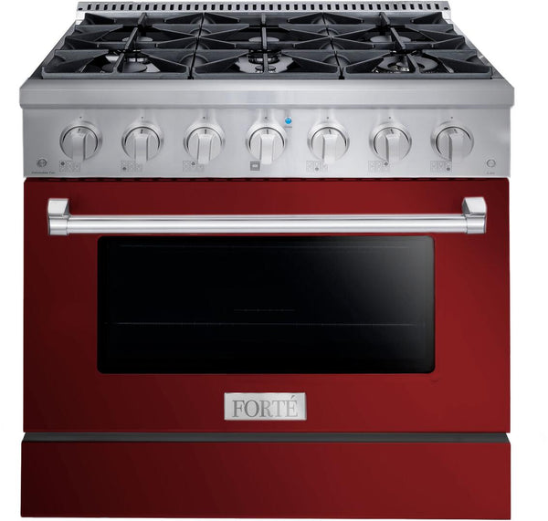 Forte 36" Freestanding All Gas Range - 6 Sealed Italian Made Burners, 4.5 cu. ft. Oven, Easy Glide Oven Racks - in Stainless Steel with Burgundy Door and Stainless Steel Knob (FGR366BBG)