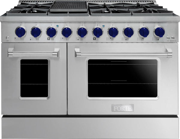 Forte 48" Freestanding All Gas Range - 8 Sealed Italian Made Burners, 5.53 cu. ft. Oven & Griddle - in Stainless Steel with Blue Knob (FGR488BSS31)