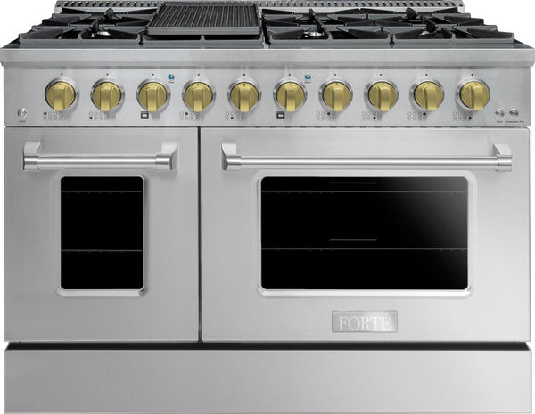 Forte 48" Freestanding All Gas Range - 8 Sealed Italian Made Burners, 5.53 cu. ft. Oven & Griddle - in Stainless Steel with Brass Knob (FGR488BSS41)