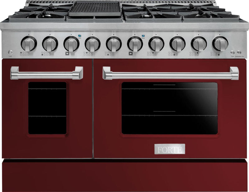 Forte 48" Freestanding All Gas Range - 8 Sealed Italian Made Burners, 5.53 cu. ft. Oven & Griddle - in Stainless Steel with Burgundy Door and Stainless Steel Knob (FGR488BBG)