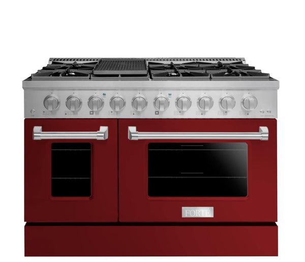 Forte 48" Freestanding All Gas Range - 8 Sealed Italian Made Burners, 5.53 cu. ft. Oven & Griddle - in Stainless Steel with Burgundy Door and Stainless Steel Knob (FGR488BBG)