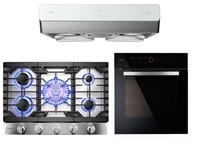 Fotile 3-Piece Appliance Package - 30" Gas Cooktop with 5 Burners, 30" 850 CFM Under Cabinet Range Hood in Stainless Steel & Built-in Wall Oven