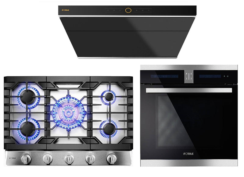 Fotile 3-Piece Appliance Package - 30" Natural Gas Cooktop in Stainless Steel, 30" 850 CFM Under Cabinet Range Hood, & Built-in Wall Oven