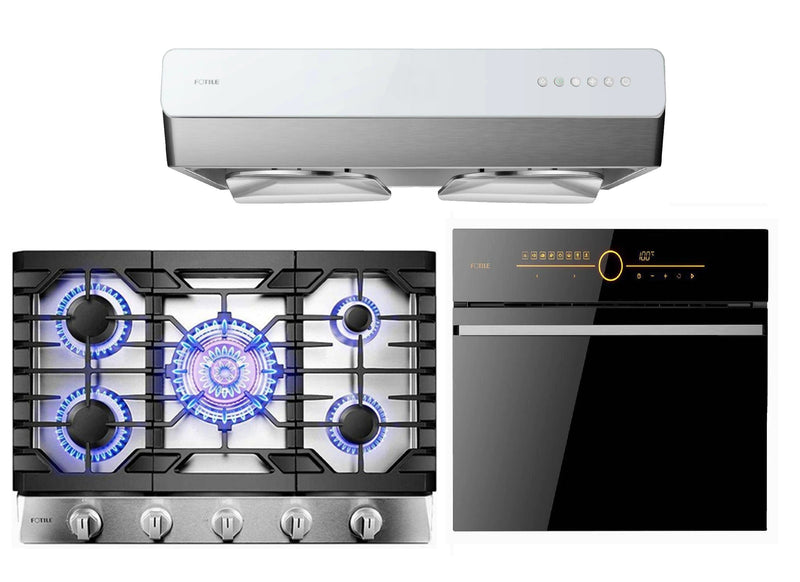 Fotile 3-Piece Appliance Package - 30" Gas Cooktop with 5 Burners,  850 CFM Under Cabinet Range Hood in Stainless Steel, & Built-in Wall Oven