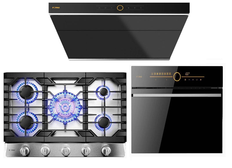 Fotile 3-Piece Appliance Package - 30" Natural Gas Cooktop in Stainless Steel, 30" 850 CFM Under Cabinet Range Hood, & Built-in Wall Oven