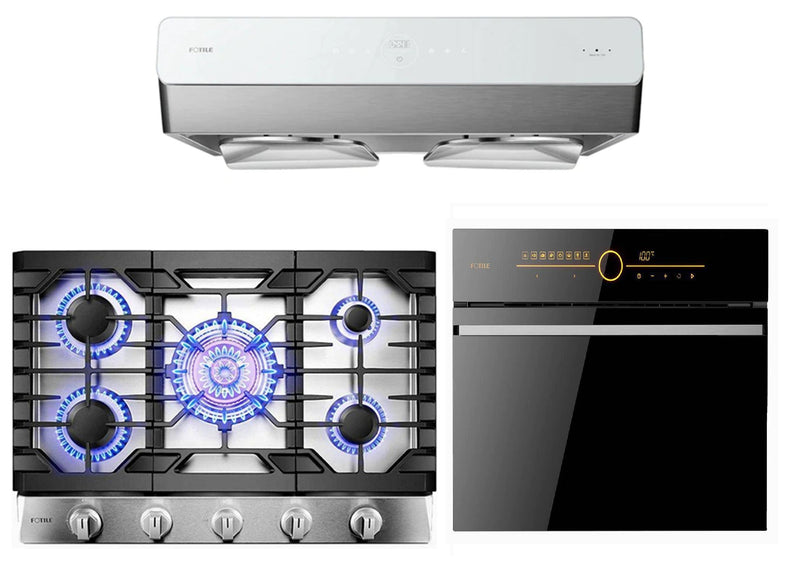 Fotile 3-Piece Appliance Package - 30" Gas Cooktop with 5 Burners, 30" 850 CFM Under Cabinet Range Hood in Stainless Steel & Built-in Wall Oven