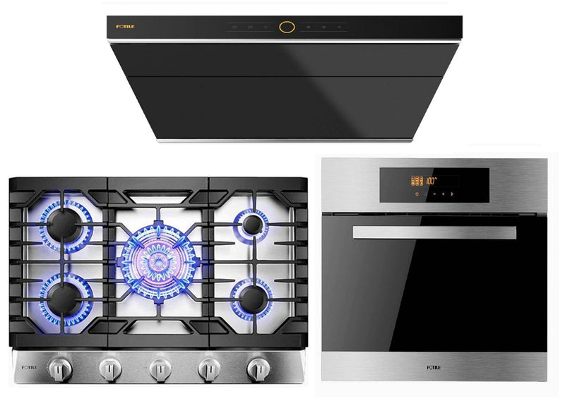 Fotile 3-Piece Appliance Package - 30" Natural Gas Cooktop in Stainless Steel, 30" 850 CFM Under Cabinet Range Hood, & Built-in Wall Oven