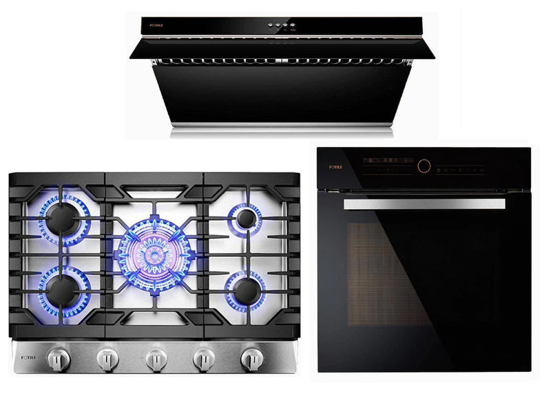 Fotile 3-Piece Appliance Package - 30" Natural Gas Cooktop in Stainless Steel, 30" 850 CFM Under Cabinet Range Hood in Onyx Black Tempered Glass & Built-in Wall Oven