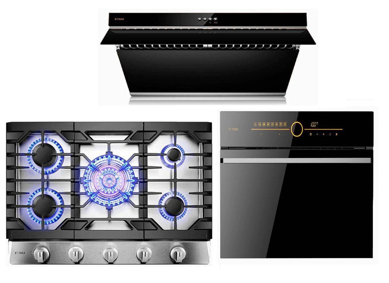 Fotile 3-Piece Appliance Package - 30" Natural Gas Cooktop in Stainless Steel, 30" 850 CFM Under Cabinet Range Hood in Onyx Black Tempered Glass & Built-in Wall Oven