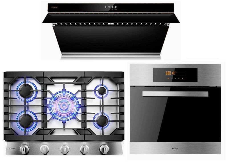 Fotile 3-Piece Appliance Package - 30" Natural Gas Cooktop in Stainless Steel, 30" 850 CFM Under Cabinet Range Hood in Onyx Black Tempered Glass & Built-in Wall Oven