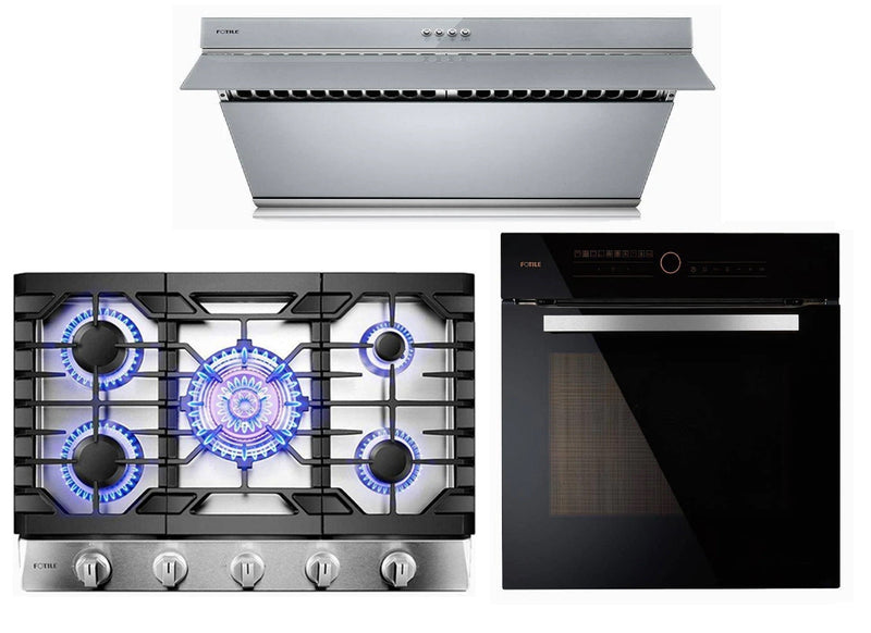 Fotile 3-Piece Appliance Package - 30" Natural Gas Cooktop in Stainless Steel, 30" 850 CFM Under Cabinet Range Hood in Silver Grey Tempered Glass, & Built-in Wall Oven