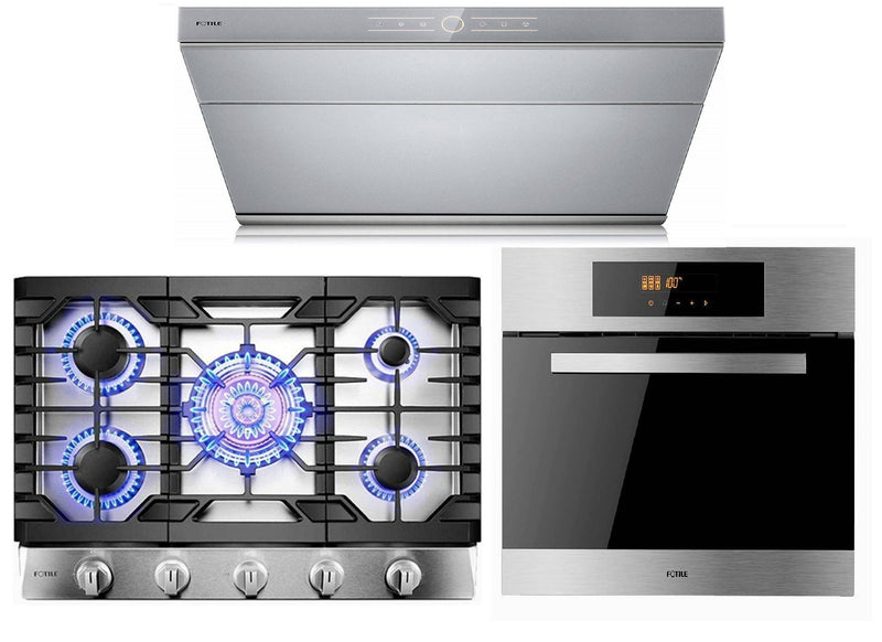 Fotile 3-Piece Appliance Package - 30" Natural Gas Cooktop in Stainless Steel, 30" 850 CFM Under Cabinet Range Hood in Silver Grey Tempered Glass, & Built-in Wall Oven